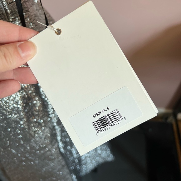 Mac Duggal Silver One Shoulder Bow Midi Dress Size 8 NWT - Picture 7 of 12